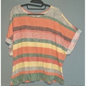 Yee Women Multi Color Striped Relaxed Knit Top Short Sleeve Scoop Neck Medium